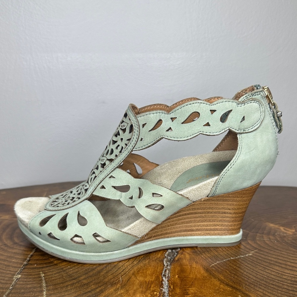 Earthies Mint Green Laser-Cut Wedge Sandals